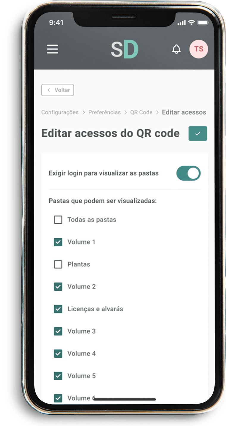 Tela de gestão de acessos do QR code no celular